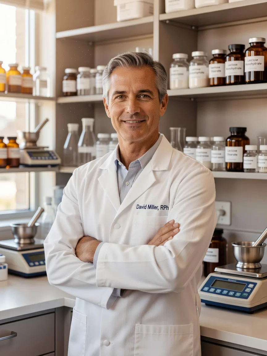 Ray Stevenson, pharmacist and founder of Dose Compose, working in the compounding lab