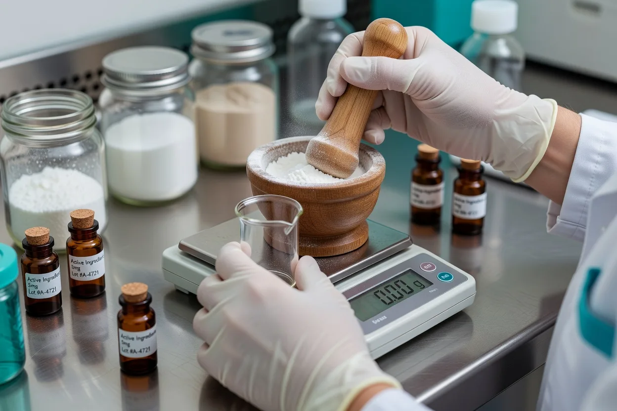 Pharmacist precisely measuring ingredients for a custom compounded medication