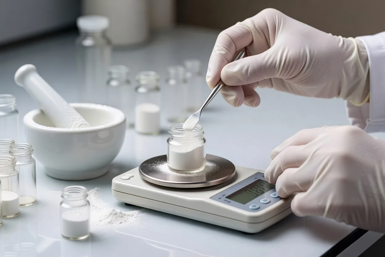 Pharmacist measuring powder ingredients for a custom compounded medication