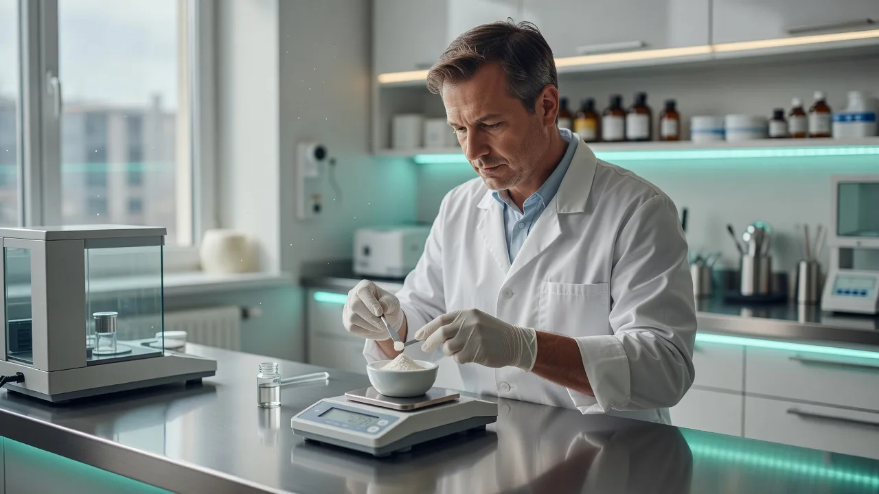 Pharmacist carefully compounding a custom medication in a modern lab