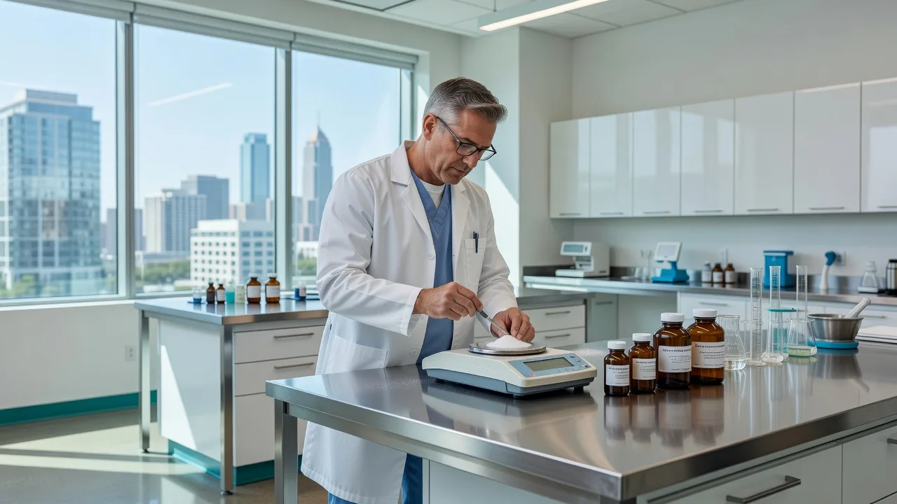 Pharmacist preparing a custom compounded medication in a modern lab