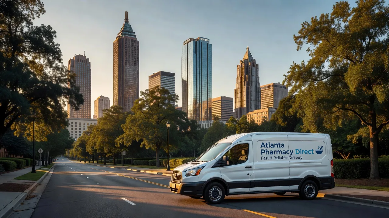 Atlanta city skyline with a delivery van representing online pharmacy service