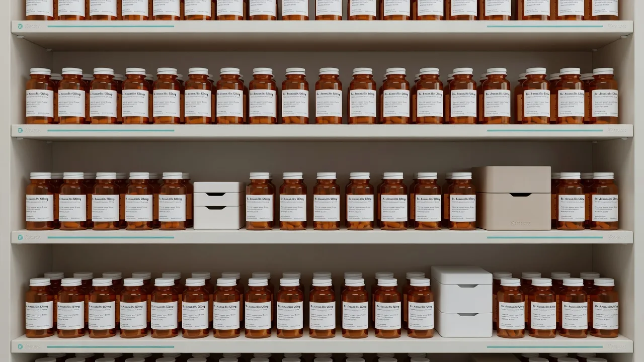 Shelf of carefully labeled compounded medication bottles at Dose Compose