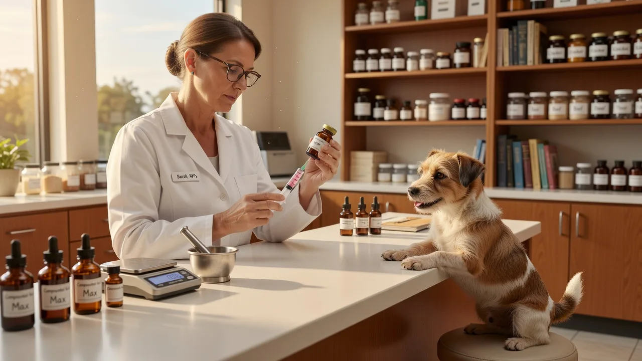 Pharmacist preparing a flavored veterinary compounded medication for a pet