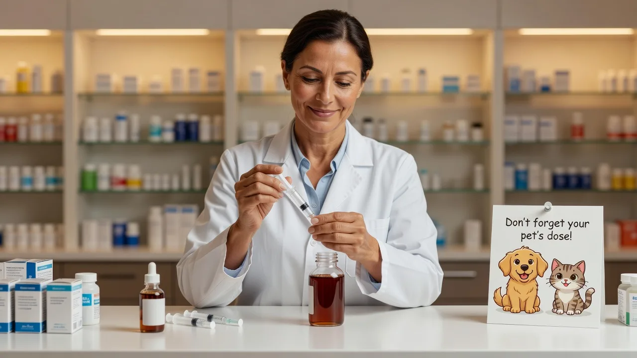 Pharmacist preparing flavored liquid medication for a pet